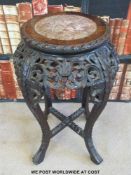 A Chinese marble inset carved padauk table / jardiniere stand (44cm tall,