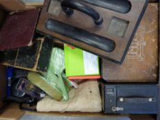 A walnut box, cameras, silver plated collectors spoons, a desk stand, leather 'book' box,