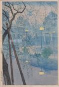 Shiro Kasamatsu (1898 - 1991) signed woodblock 'Misty Evening at Shinobazu Pond,