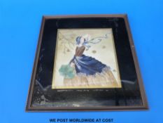 A 19thC framed crewel work of a windswept lady
