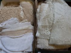 Two trays of linen, lace and fabric including large lace panels, 24 lace/net panels,