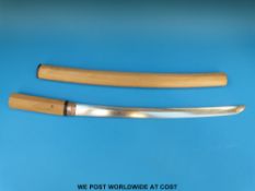 A Japanese Mushina School Wakisashi with simple pale wood sheath,