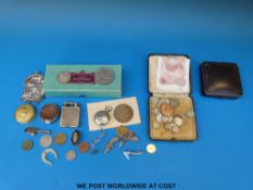 Silver sovereign holder, B/ham, seed pearl tennis racquet brooch, purse,