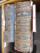 Two Victorian leather-bound Bibles, both illustrated, one in colour with birds of the Bible,