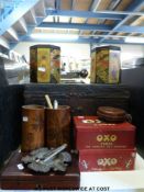 A pair of Jamaican bamboo pencil pots, quantity of drawing instruments,