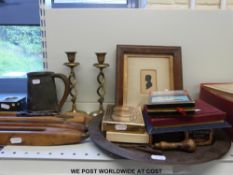 A collection of mixed treen to include early Victorian silhouette of a young girl, playing cards,