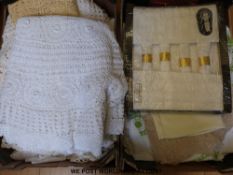 Two trays of table cloths, napkins,