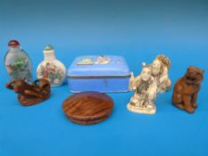 A collection of oriental items to include an enamel box, two snuff bottles,