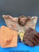 Various textiles to include fur stoles, patchwork, Viyella, unused fabric,