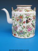 A 19thC Chinese famille rose teapot of cylindrical form decorated with birds and butterflies (16cm