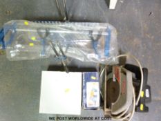 An angle saw, Alpha adjustable hole cutter, boxed cramp heads, Craftsman electric circular saw (7.