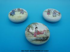 Three Republic period Chinese ink pots decorated with figures in a court setting,