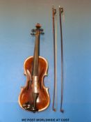 A late 19th/early 20thC violin, the 35.8cm back stamped Stainer and Jacobus Stainer to label.