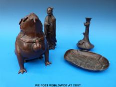 Four Japanese bronzes, one a censer in the form of a Shi dog (17cm tall),