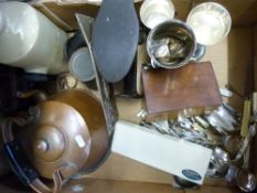 A copper kettle, water bottles and copper plaque together with cased tabletop magnifier,
