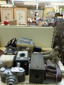Six vintage cameras together with a pair of metal pheasants and chicks,