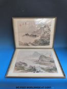 A pair of early 20thC Japanese watercolours on silk of coastal mountain scenes,