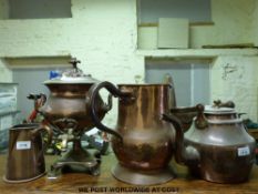 A quantity of Georgian and later copper ware to include samovar, jug,
