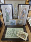 Four framed crewel works including a pair of part-painted ladies 