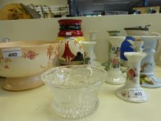 A Wedgwood Clarice Cliff style vase, Crown Devon pedestal bowl,