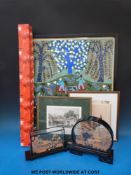 A collection of Chinese pictures and prints including two cork pictures