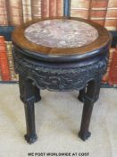 A Chinese marble inset carved padauk table / jardiniere stand (61cm tall,