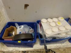 Four blue boxes of hardware, most unused including door furniture,