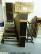 A quantity of vintage stereo equipment including a pair of Celestion Ditton 15 speakers,