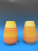 A pair of Shelley Art Deco vases in orange & yellow (18cm tall)