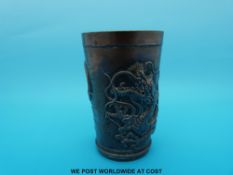 A Japanese copper beaker with overlay decoration of a dragon (9.