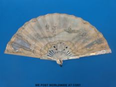 A 19thC signed mother-of-pearl and bone hand decorated fan with a central boating scene,
