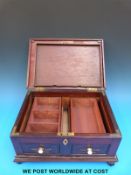 A 19thC parquetry jewellery box with turned ivory knobs, raised on claw feet (31.