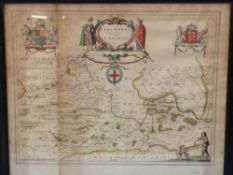 Blaen coloured 17thC map of Barkshire (Berkshire) 44 x 53cm