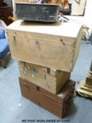A pine dome topped trunk (w60cm) together with two other boxes and a metal box