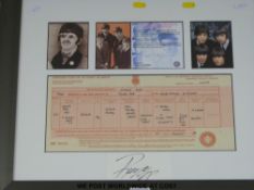 A framed (18.5” x 22.5”) copy of Ringo Starr's birth certificate from The General Register Office.