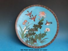 A Chinese cloisonné charger with decoration of birds and foliage (30.
