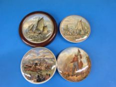 Four Prattware pot lids comprising two of fishing boats,