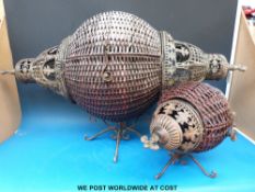 Two Eastern woven metal baskets with hinged lids