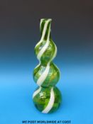 A green triple gourd glass vase with white twist decoration