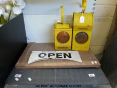 Two shove ha'penny boards, one slate, one hardwood with ha'pennies, two roadside lamps,