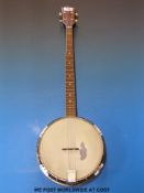 A five string banjo (missing its fifth peg)