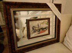 A mirror with inset relief of a beach scene and wooden frame. Made in Italy, bought in Florence.