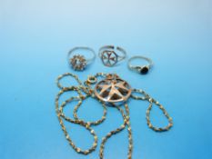 Three 9ct gold rings and a 9ct gold pendant and chain (8.