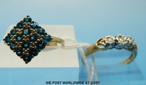 A 9ct gold ring set with three diamonds and a yellow metal ring marked 10k set with topaz and cubic