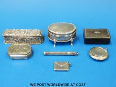 Two hallmarked silver trinket boxes, hallmarked silver stamp case, small silver compact,