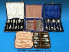 A cased set of six hallmarked silver teaspoons (weight 72g) together with three sets of plated