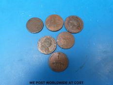 Five various 18thC tokens including one to J Palmer Esq in gratitude for the benefit received from