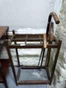 A coopered jardiniere stand, stick stand, two stools,