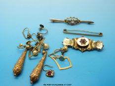 Three yellow metal brooches and a pair of earrings all marked 9ct etc
