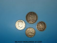 An 1889 Victorian double florin together with three U.S.